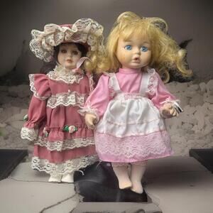 Lot of 2 VTG Porcelain Dolls Victorian Style Pink Dress Lace Bonnets Collectible